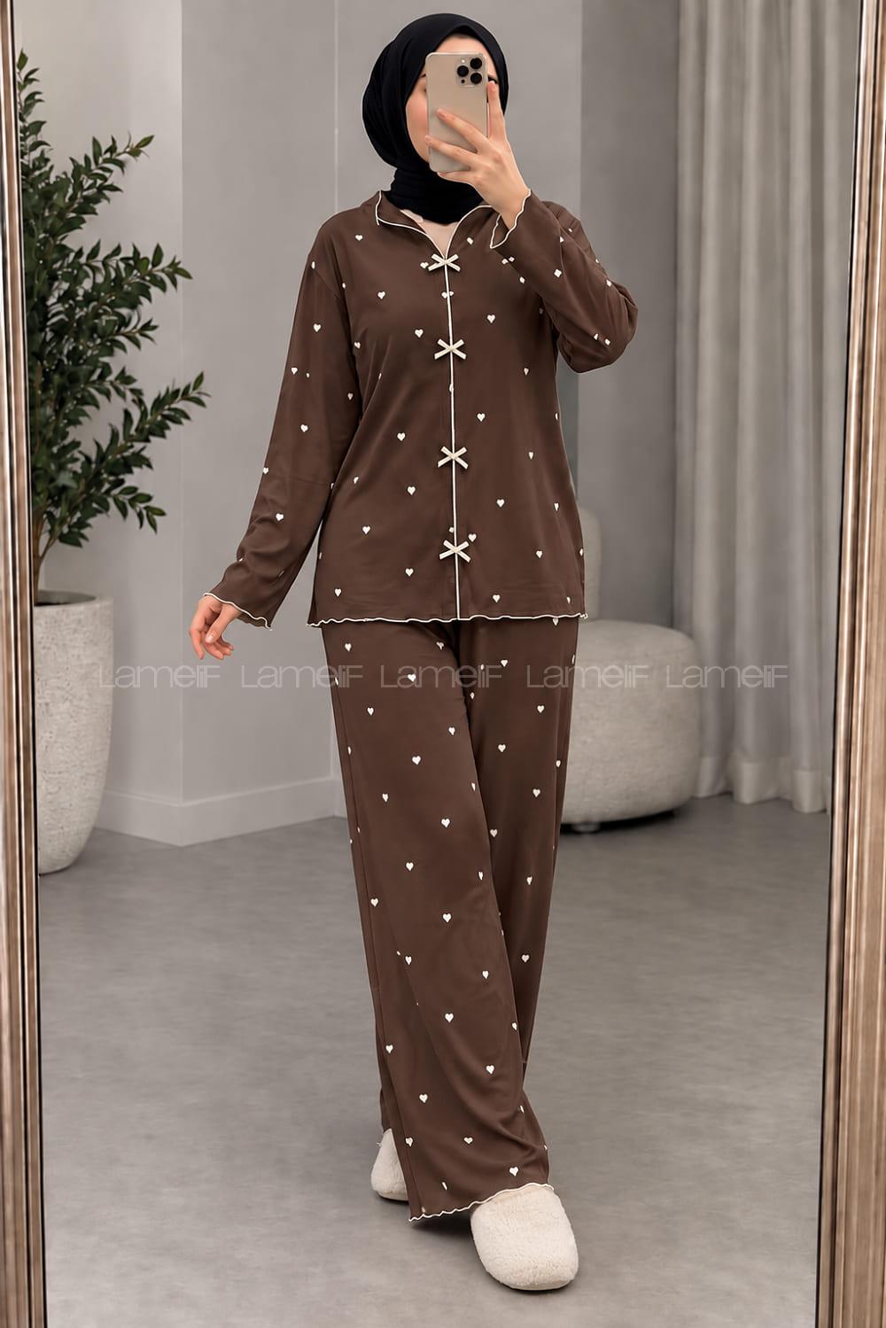 Lamelif Kahverengi Kalp Desenli Fiyonk Detaylı Pijama Takımı