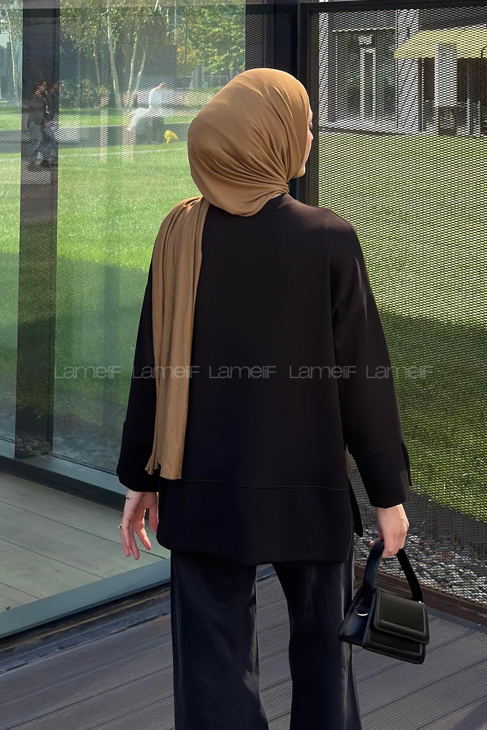 Lamelif Bisiklet Yaka Eteği Yırtmaçlı Sweat Siyah