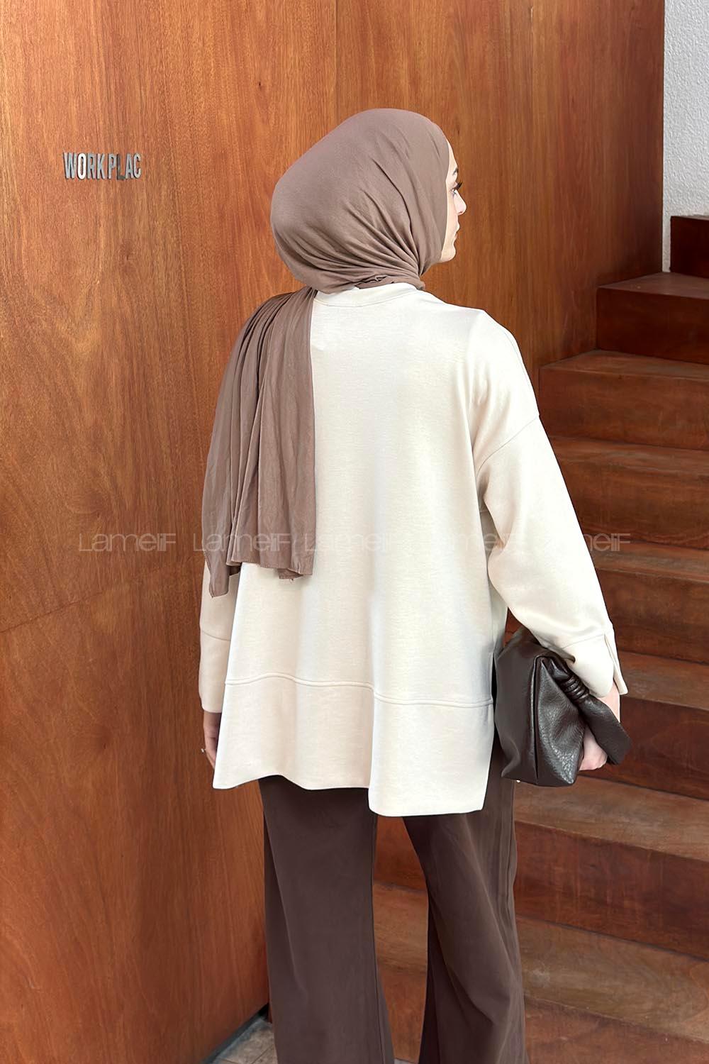 Lamelif Bisiklet Yaka Eteği Yırtmaçlı Sweat Taş Rengi