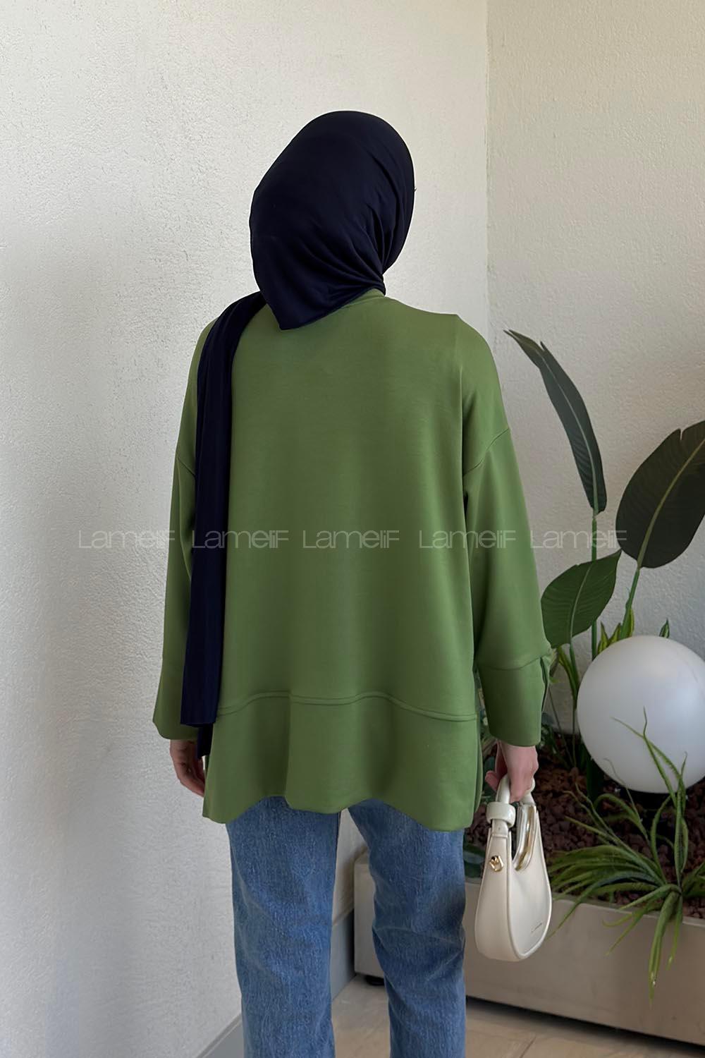 Lamelif Bisiklet Yaka Eteği Yırtmaçlı Sweat Yeşil