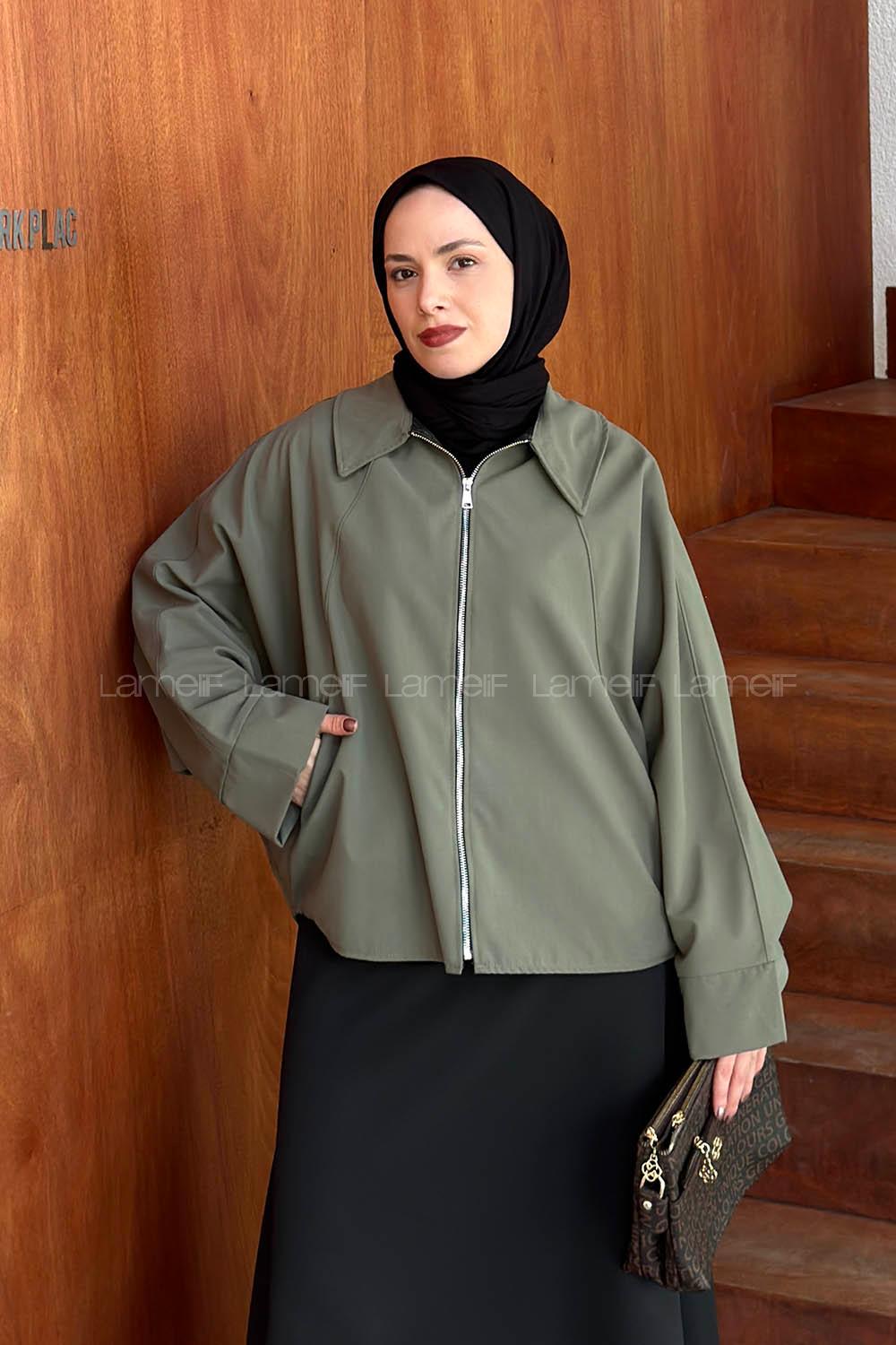 Khaki Shirt Collar Bat Sleeve Arm Jacket
