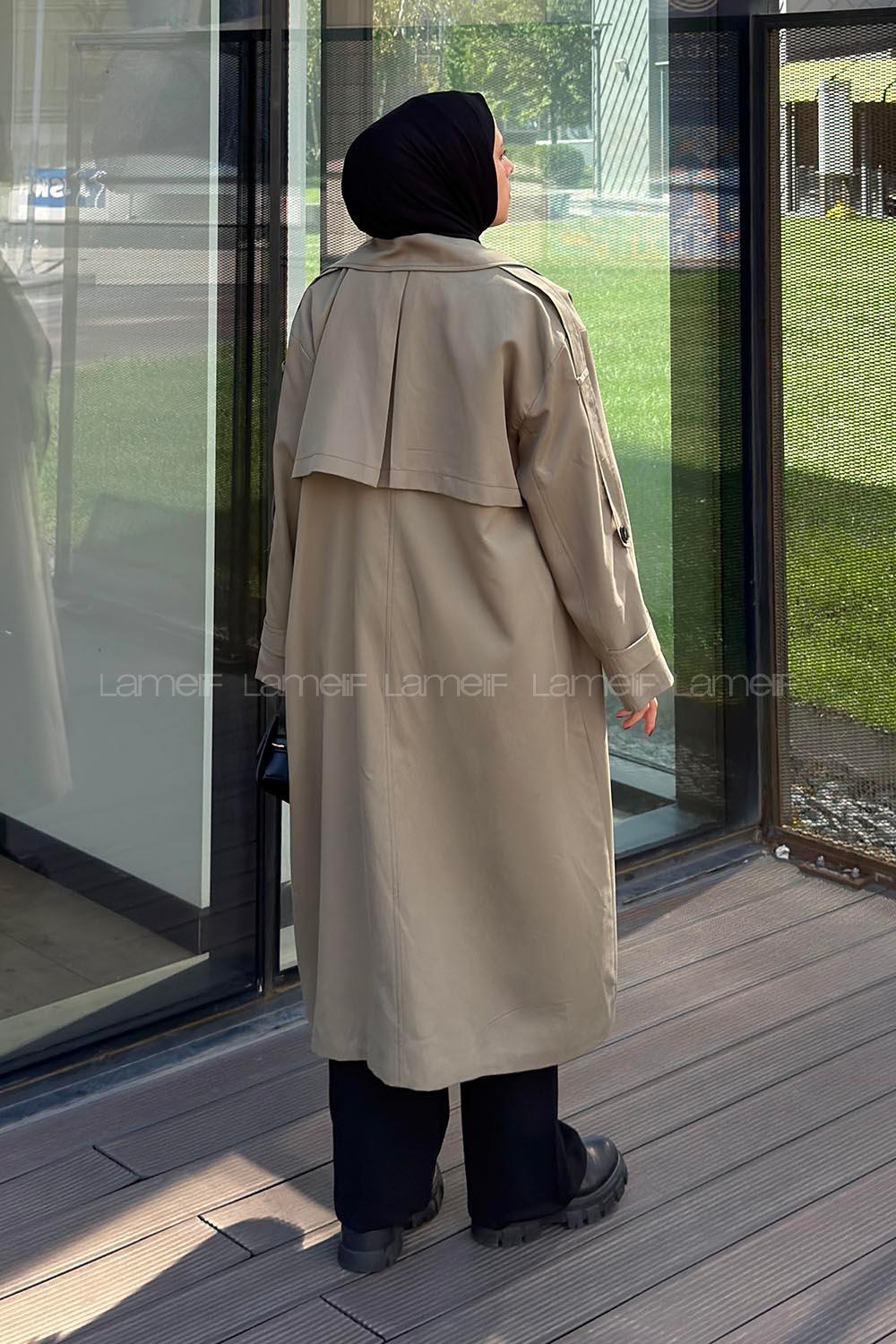 Lamelif Pelerin Detaylı Oversize Trenç Haki