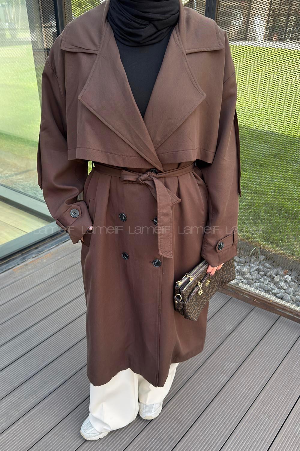 Lamelif Pelerin Detaylı Oversize Trenç Kahverengi