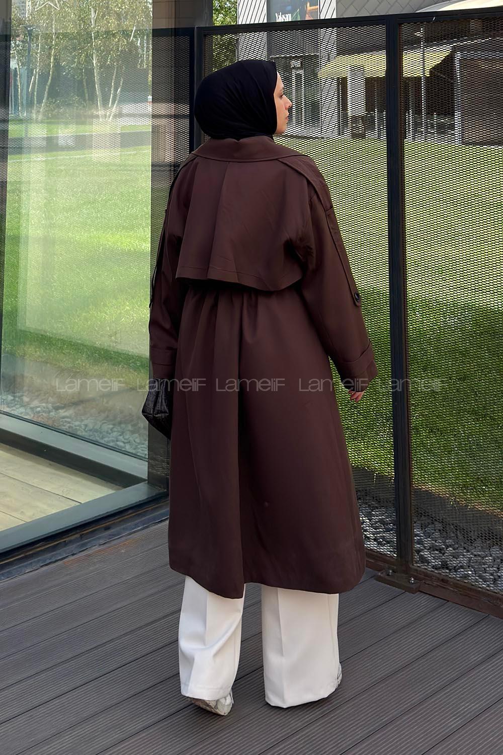Lamelif Pelerin Detaylı Oversize Trenç Kahverengi