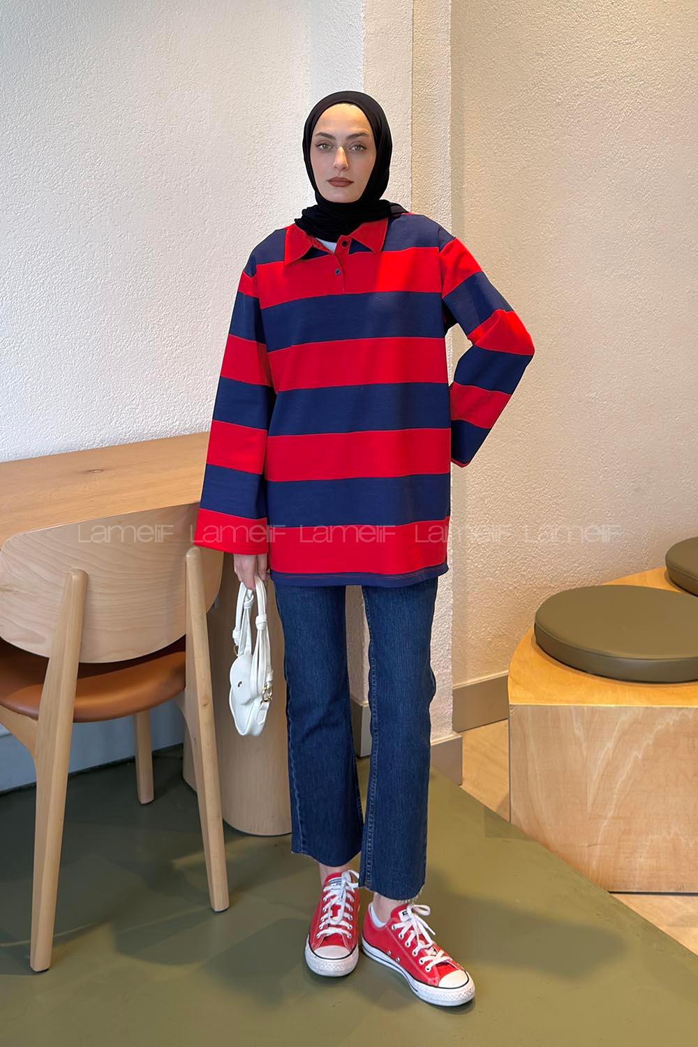Red Polo Neck Collar Cotton Fabric Unprinted Tunic