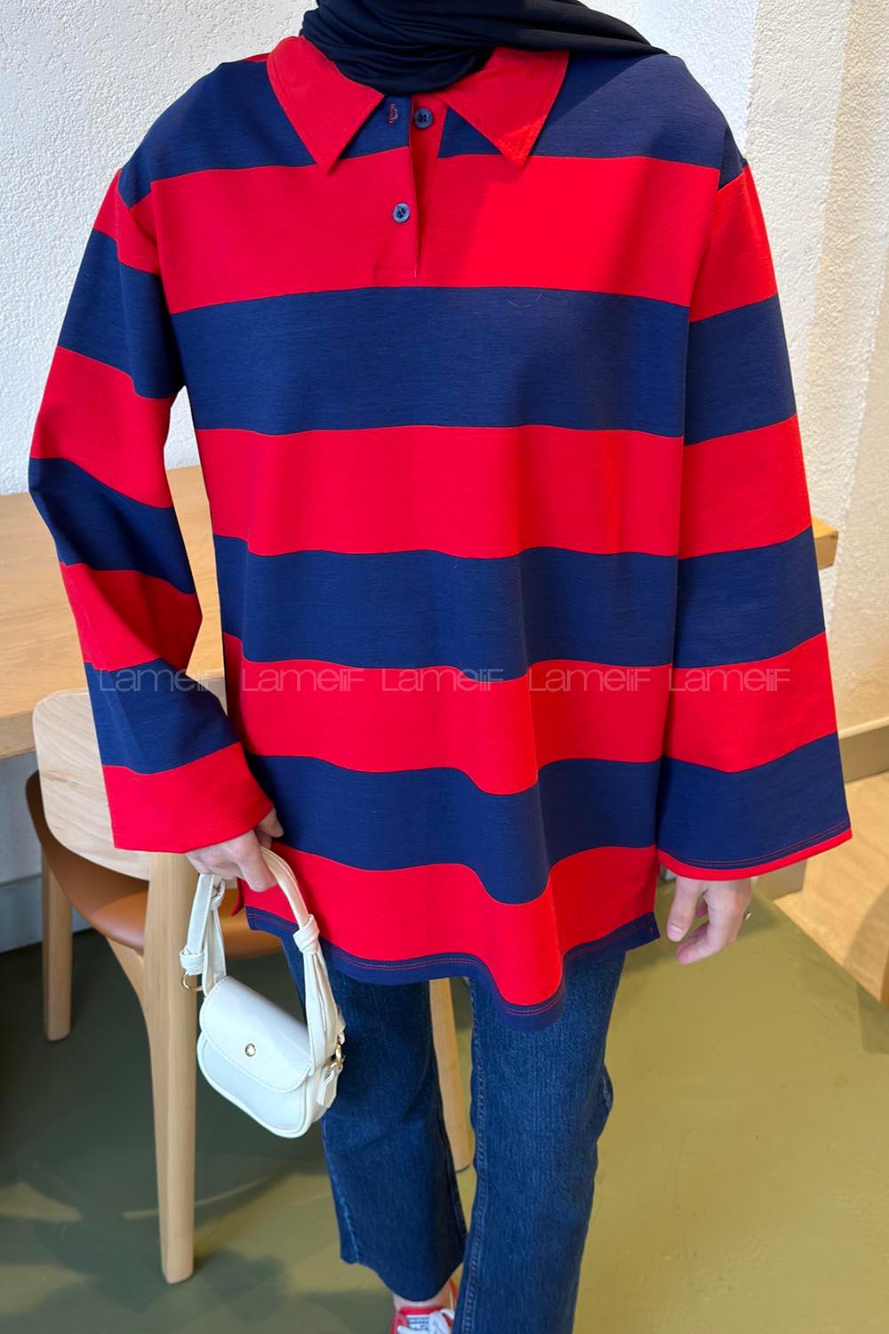 Red Polo Neck Collar Cotton Fabric Unprinted Tunic