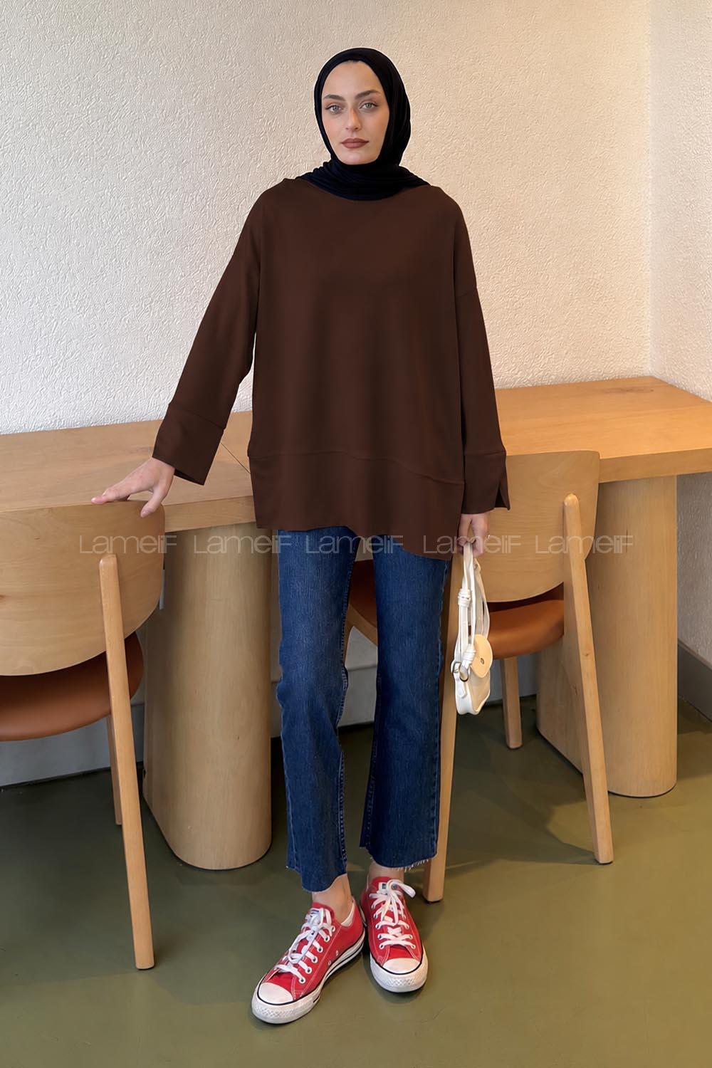 Lamelif Bisiklet Yaka Eteği Yırtmaçlı Sweat Acı Kahve