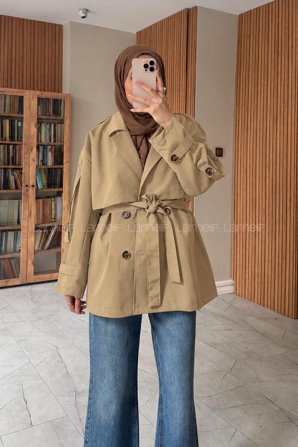 Lamelif Pelerinli Kısa Trençkot  Camel