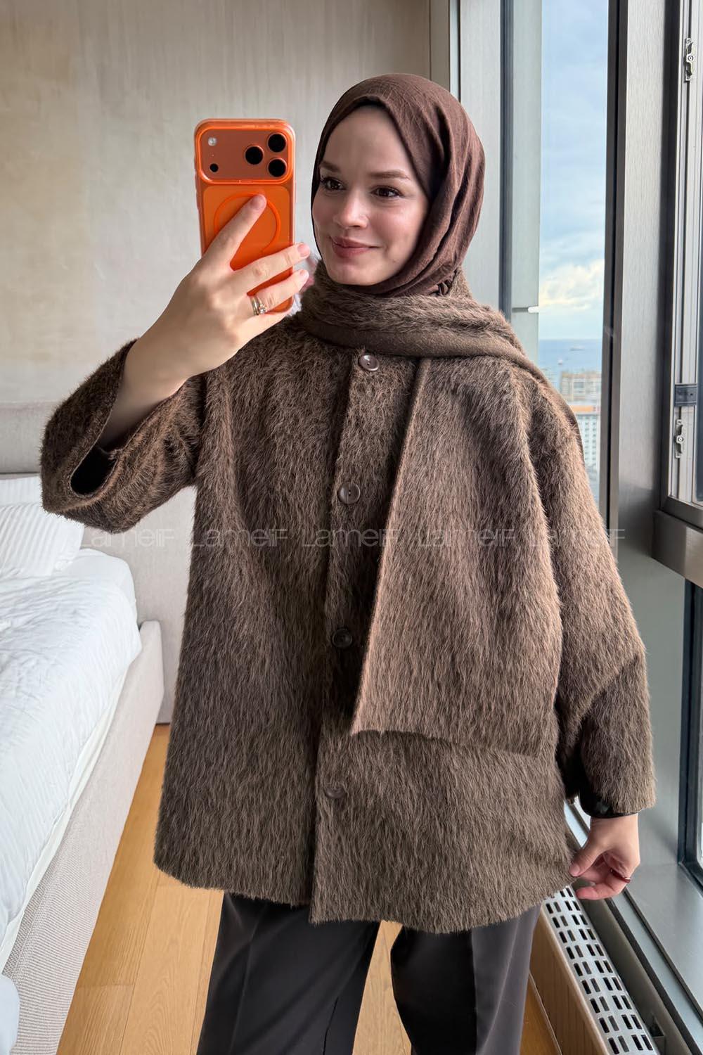 Lamelif Şal Detaylı Sakallı Ceket Kahverengi