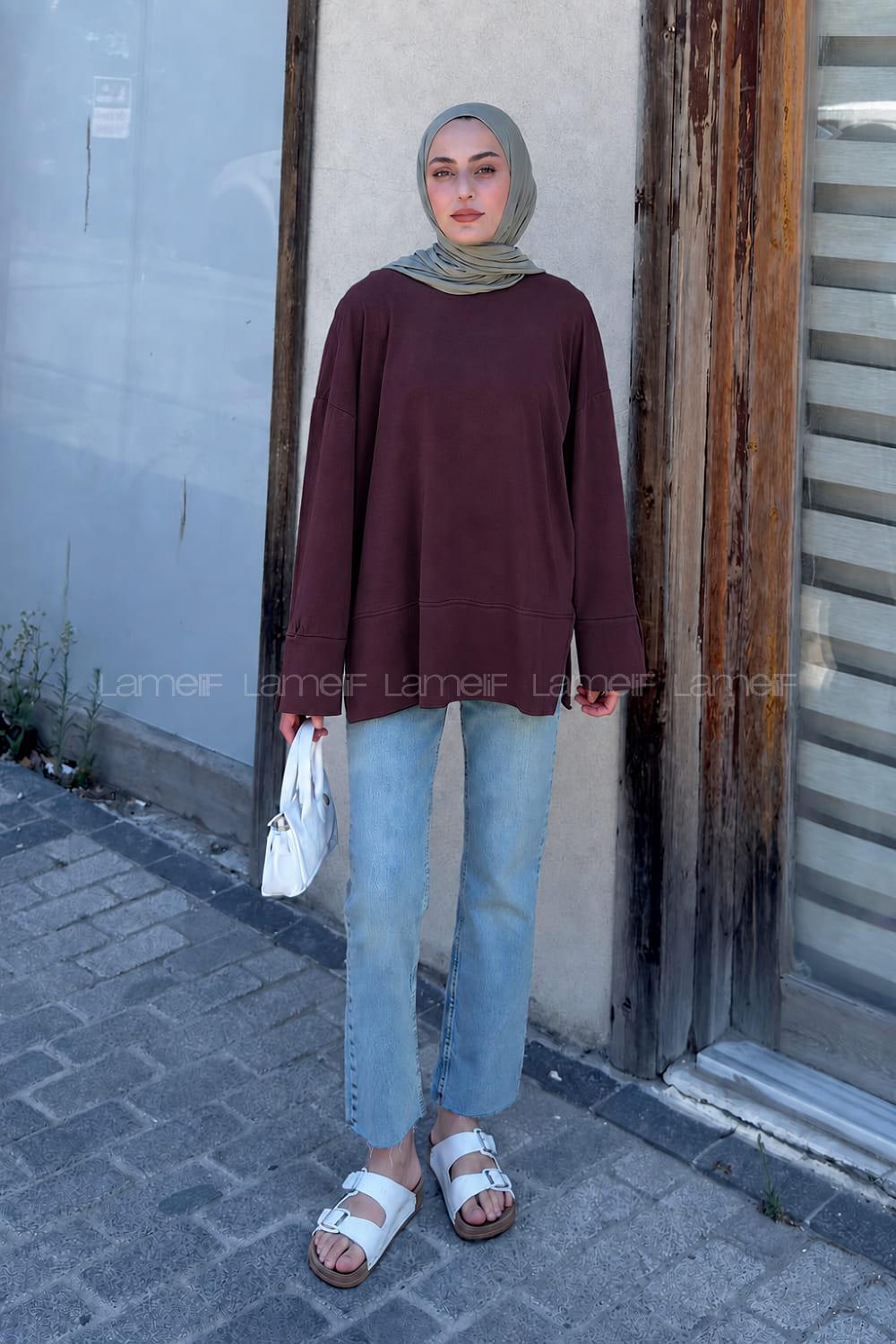 Claret Red Crew Neck Long Arm Without Accessories Blouse