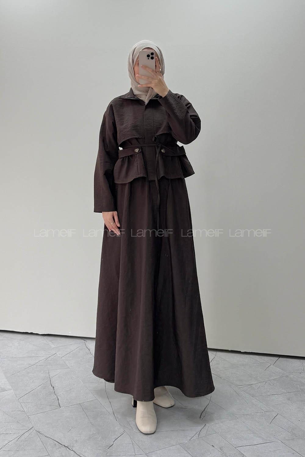 Bitter Brown Neckband Long Arm Parachute Fabric Flared Skirt Suit