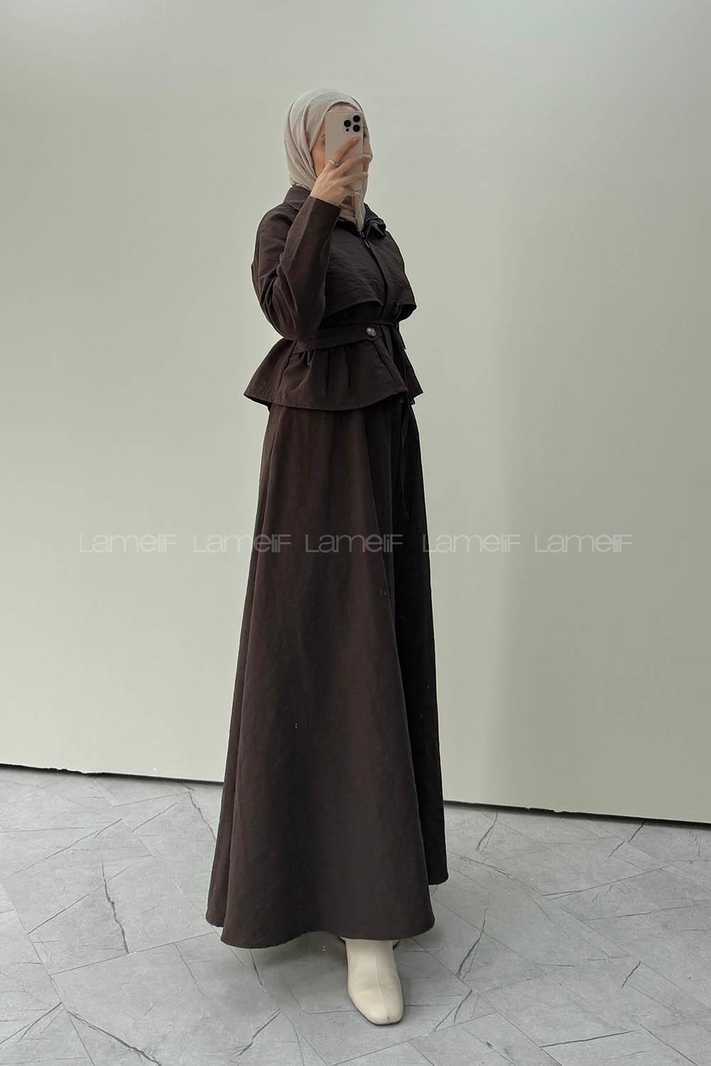 Bitter Brown Neckband Long Arm Parachute Fabric Flared Skirt Suit