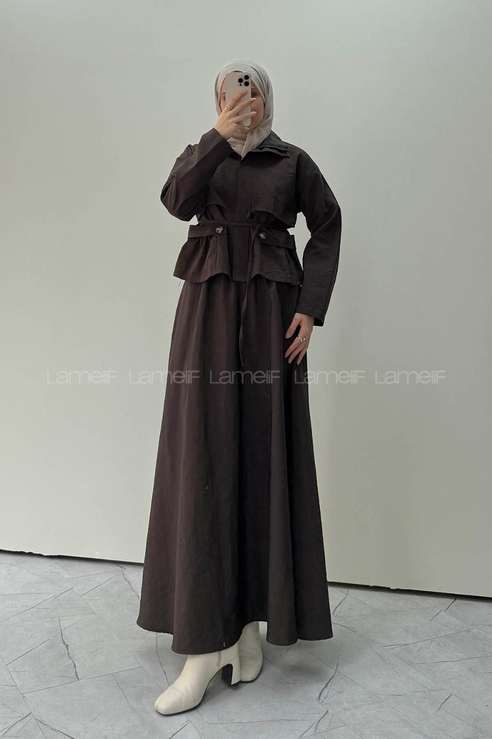 Bitter Brown Neckband Long Arm Parachute Fabric Flared Skirt Suit