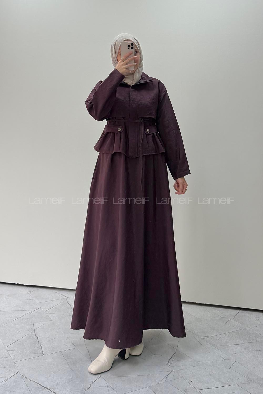 Plum Neckband Long Arm Parachute Fabric Flared Skirt Suit