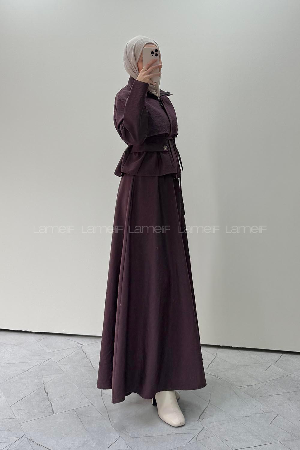 Plum Neckband Long Arm Parachute Fabric Flared Skirt Suit