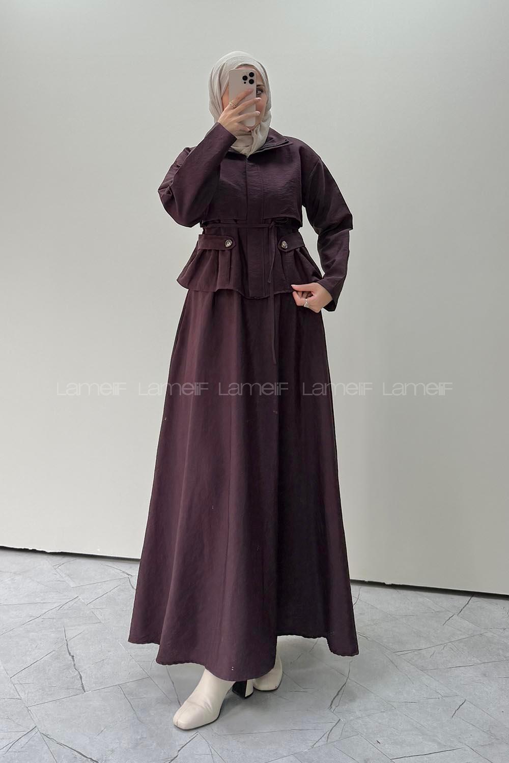 Plum Neckband Long Arm Parachute Fabric Flared Skirt Suit