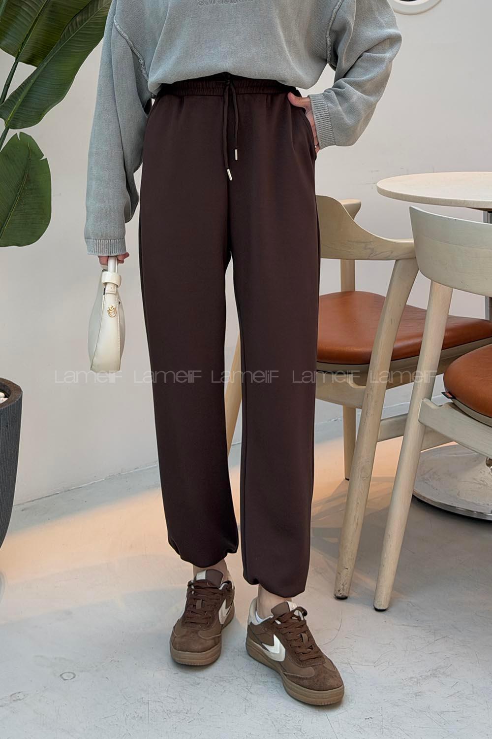 Brown Elastic Trousers High Waist Elastic Waist Regular Cut Bottom Tracksuit