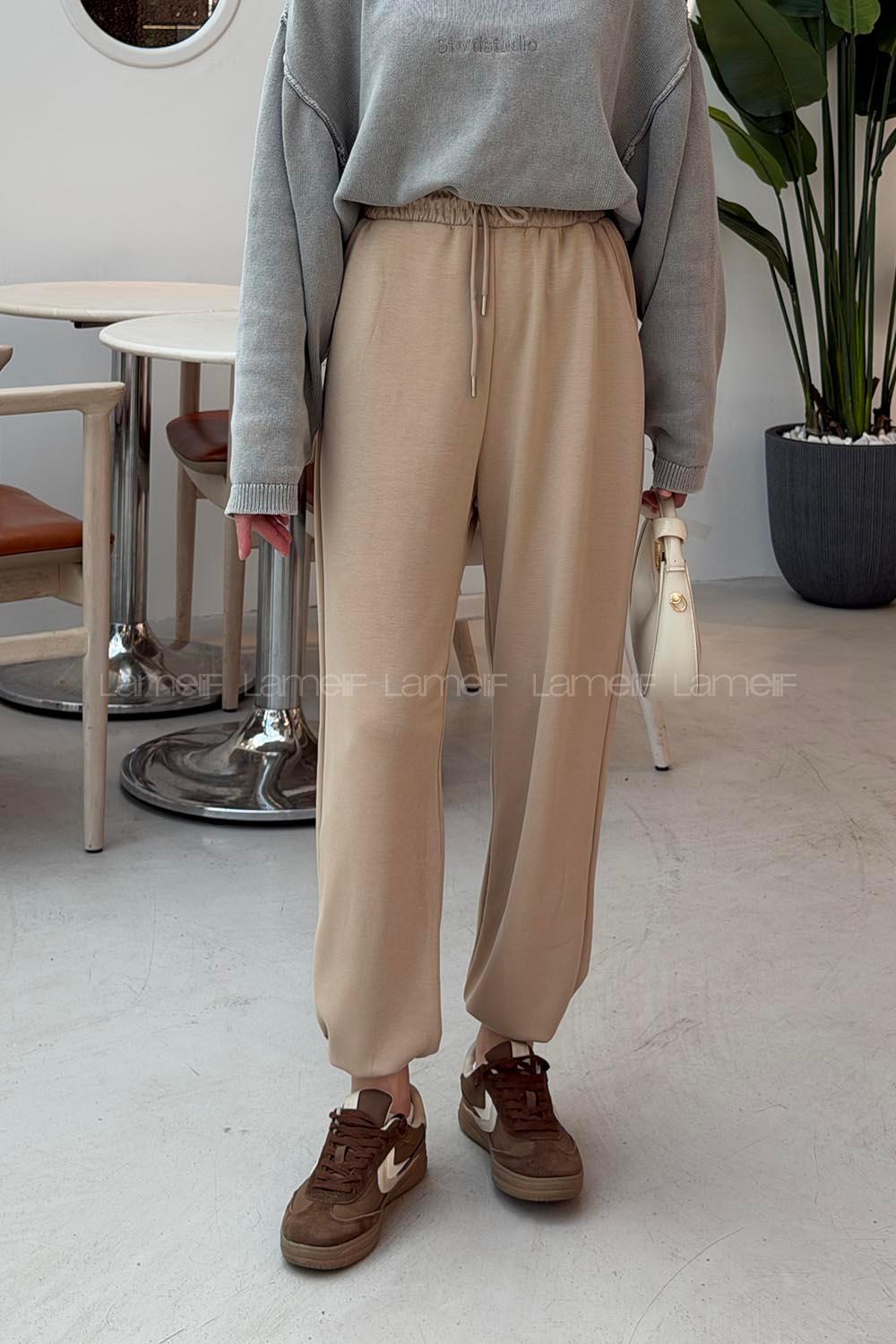 Cream Elastic Trousers High Waist Elastic Waist Regular Cut Bottom Tracksuit