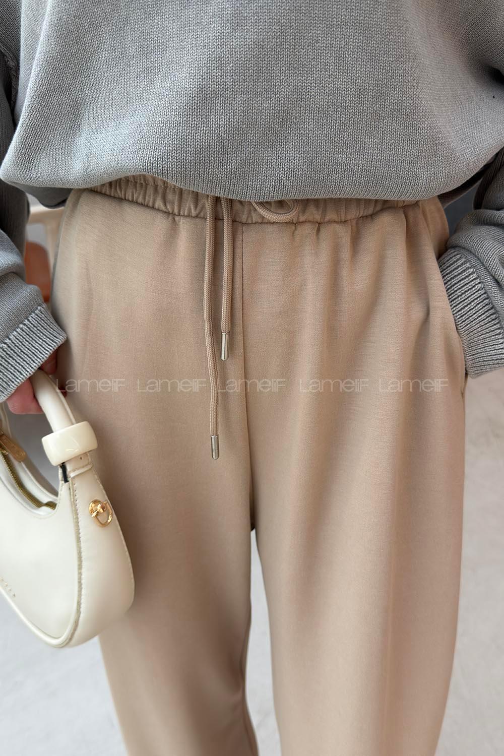 Cream Elastic Trousers High Waist Elastic Waist Regular Cut Bottom Tracksuit