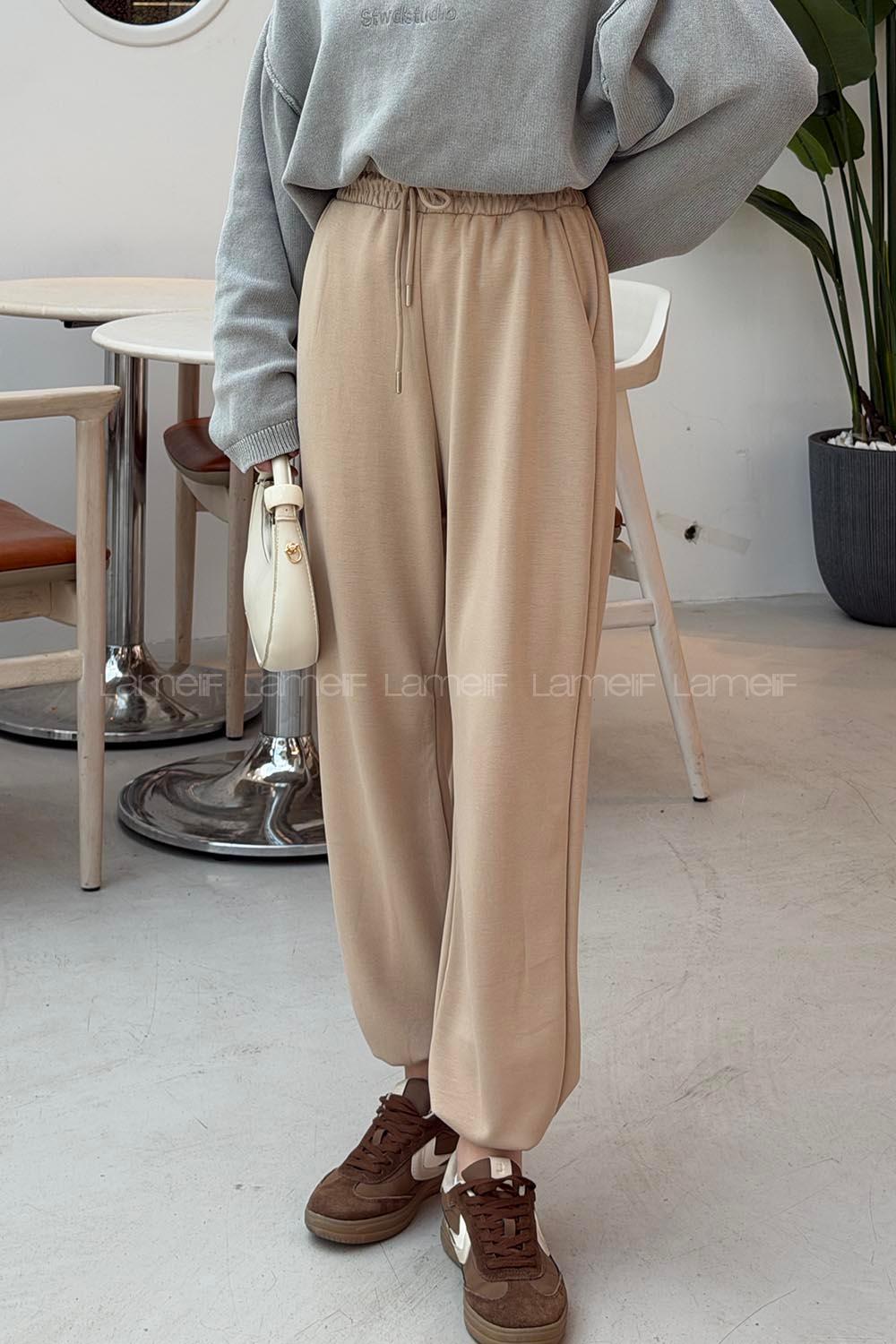 Cream Elastic Trousers High Waist Elastic Waist Regular Cut Bottom Tracksuit