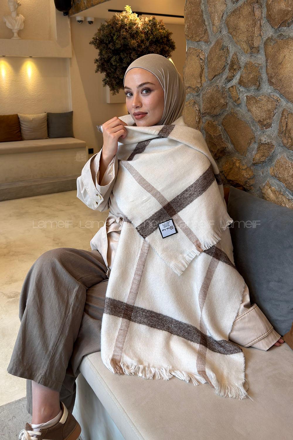 Lamelif Ekose Desen Omuz Şal Ekru Kahverengi