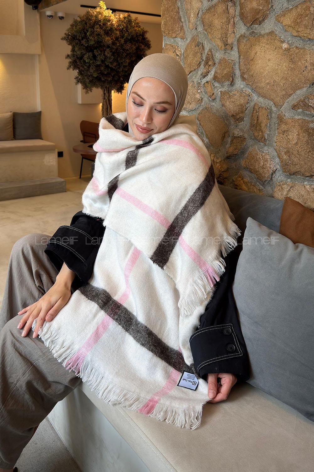 Lamelif Ekose Desen Omuz Şal Taş Şeker Pembe
