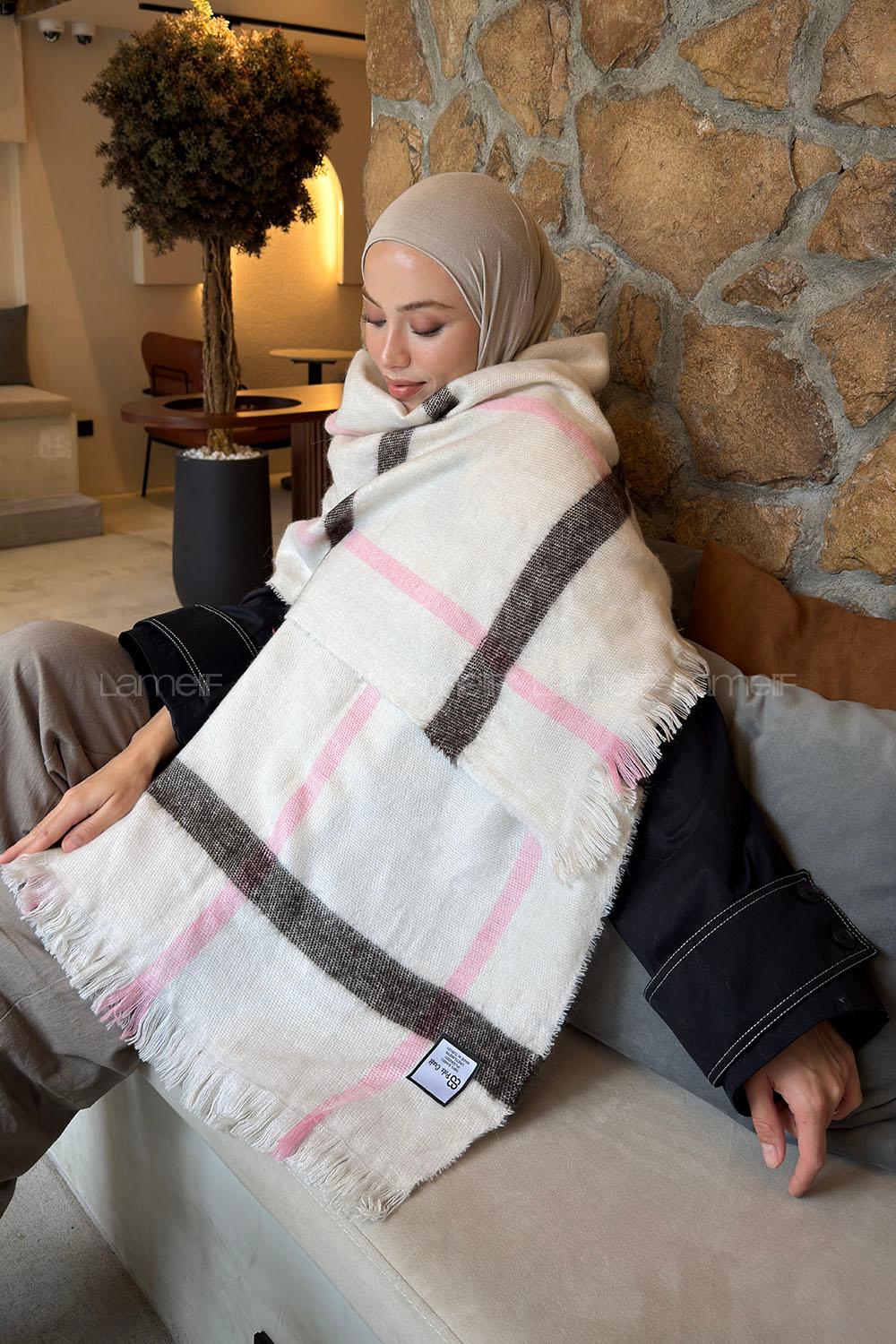 Lamelif Ekose Desen Omuz Şal Taş Şeker Pembe
