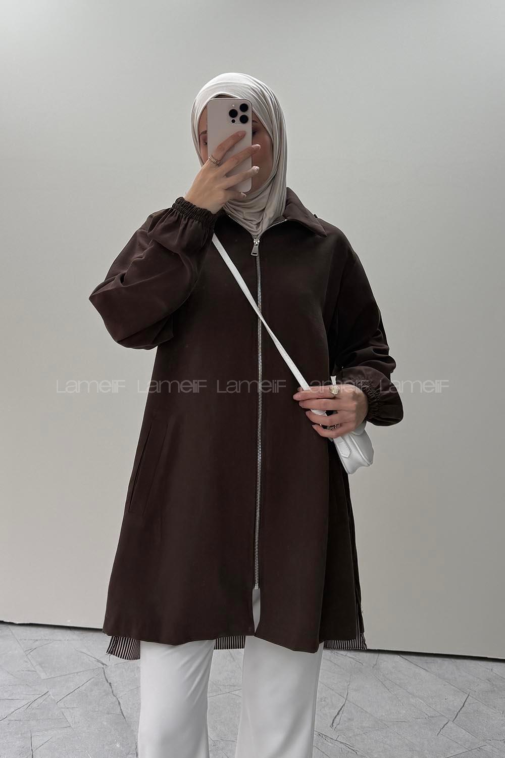 Lamelif Garnili Fleto Cep Fermuarlı Tunik Acı Kahve