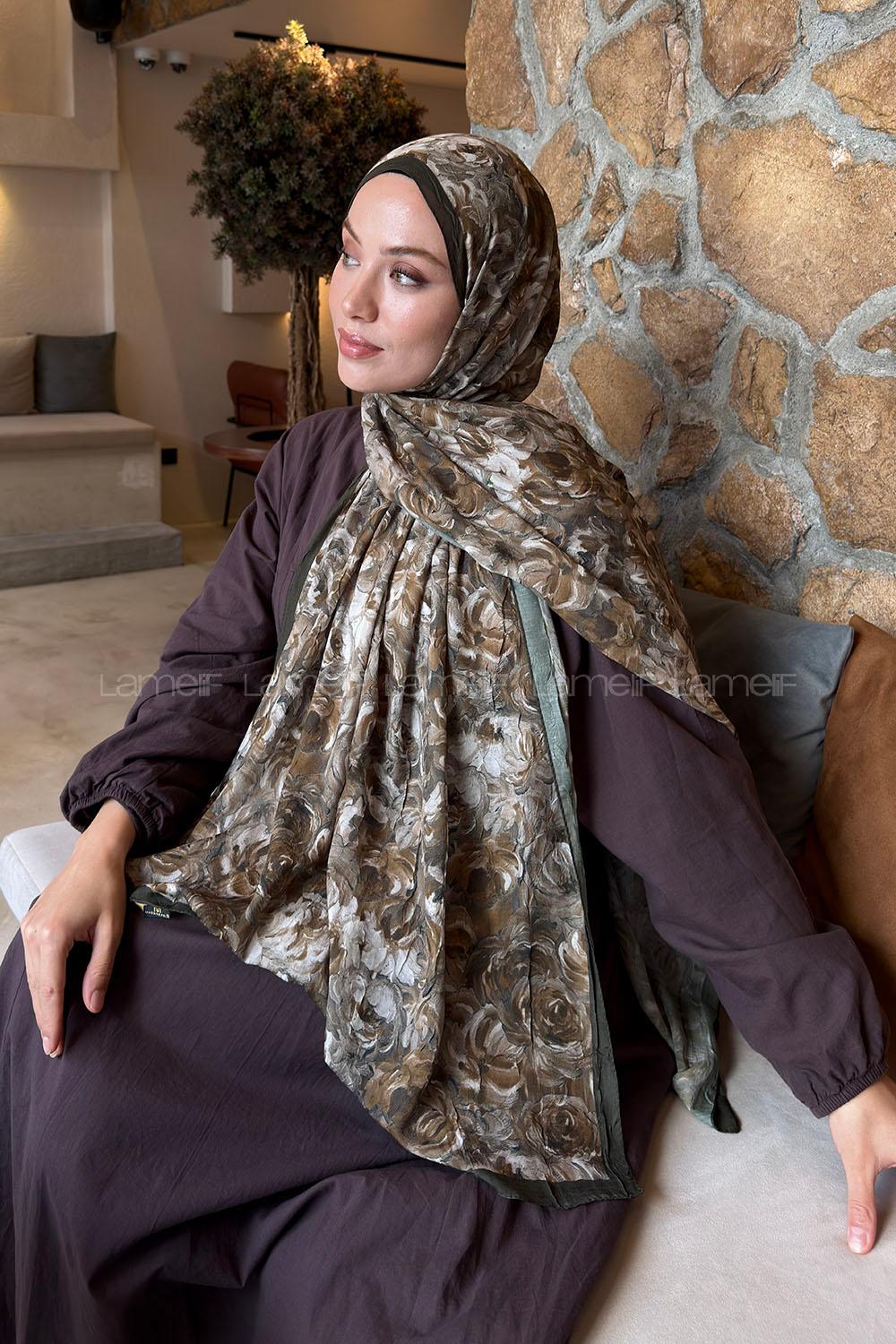 Lamelif Rose Garden Desen Bambu Şal Asker Yeşili