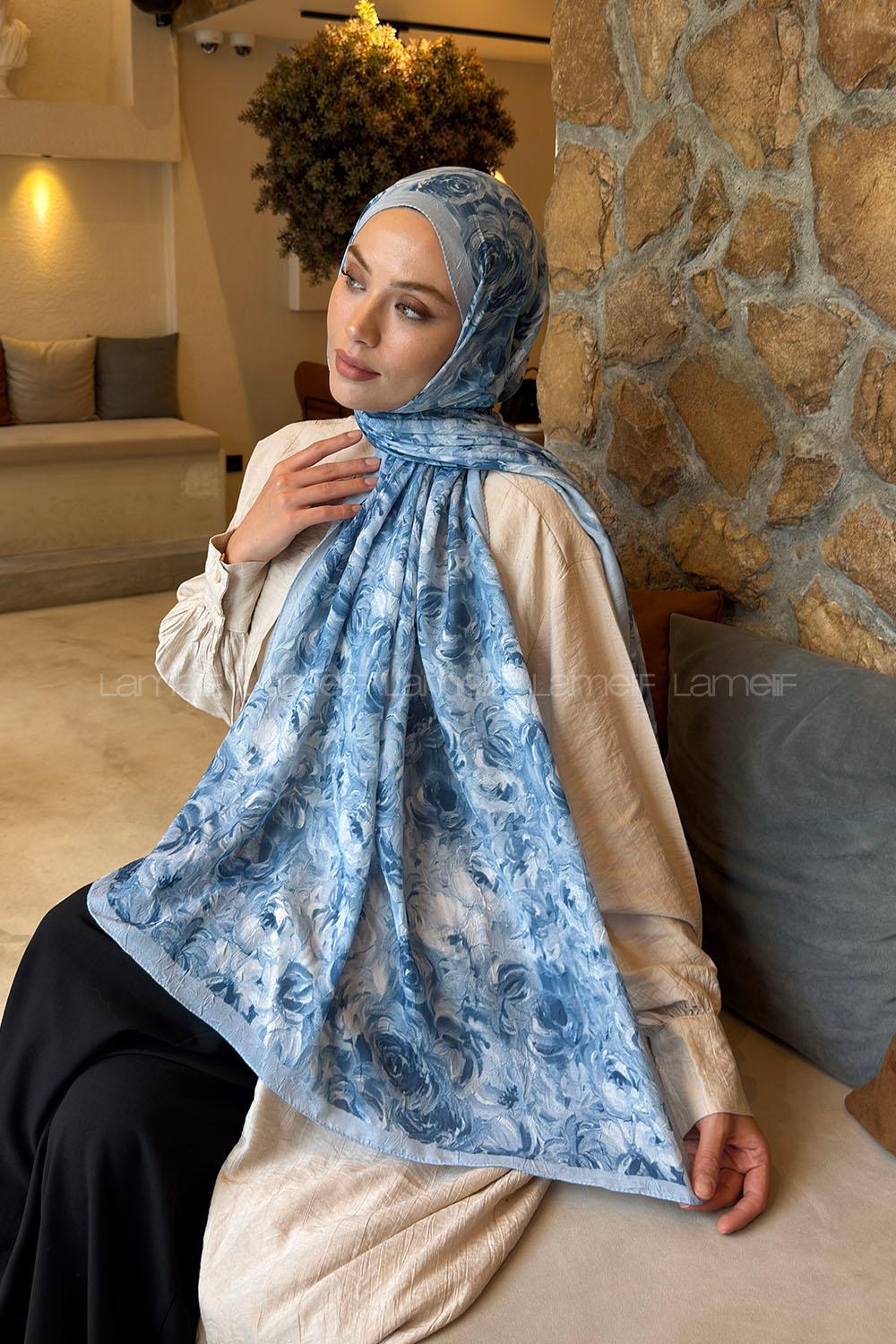 Lamelif Rose Garden Desen Bambu Şal Bebe Mavi
