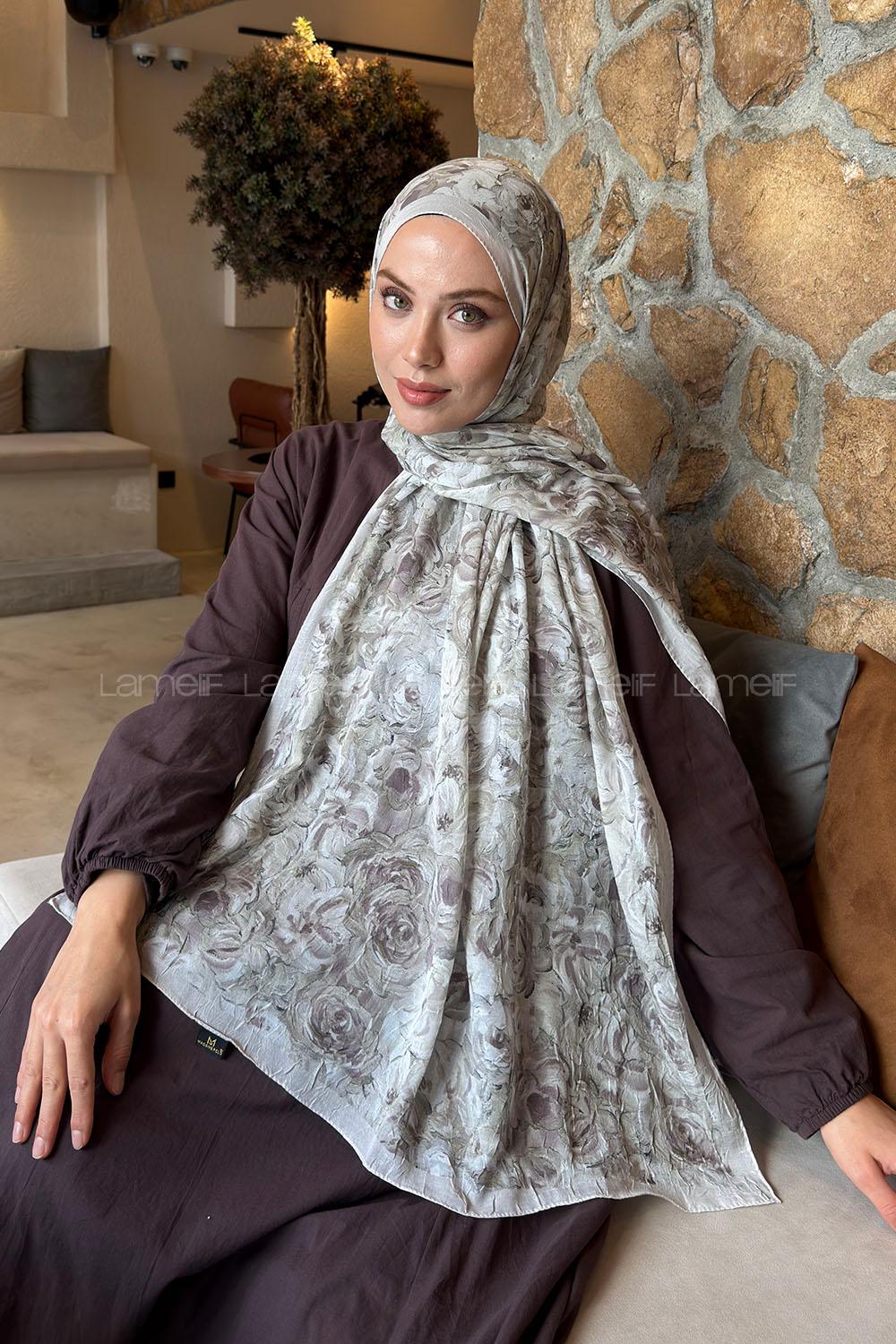 Lamelif Rose Garden Desen Bambu Şal Ekru