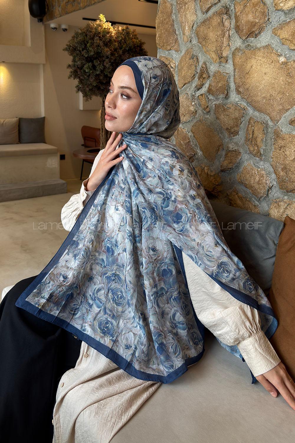 Lamelif Rose Garden Desen Bambu Şal İndigo