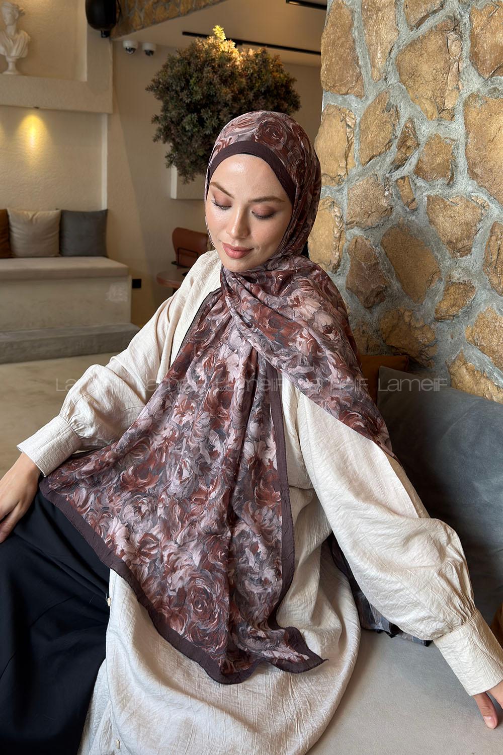 Lamelif Rose Garden Desen Bambu Şal Kahverengi