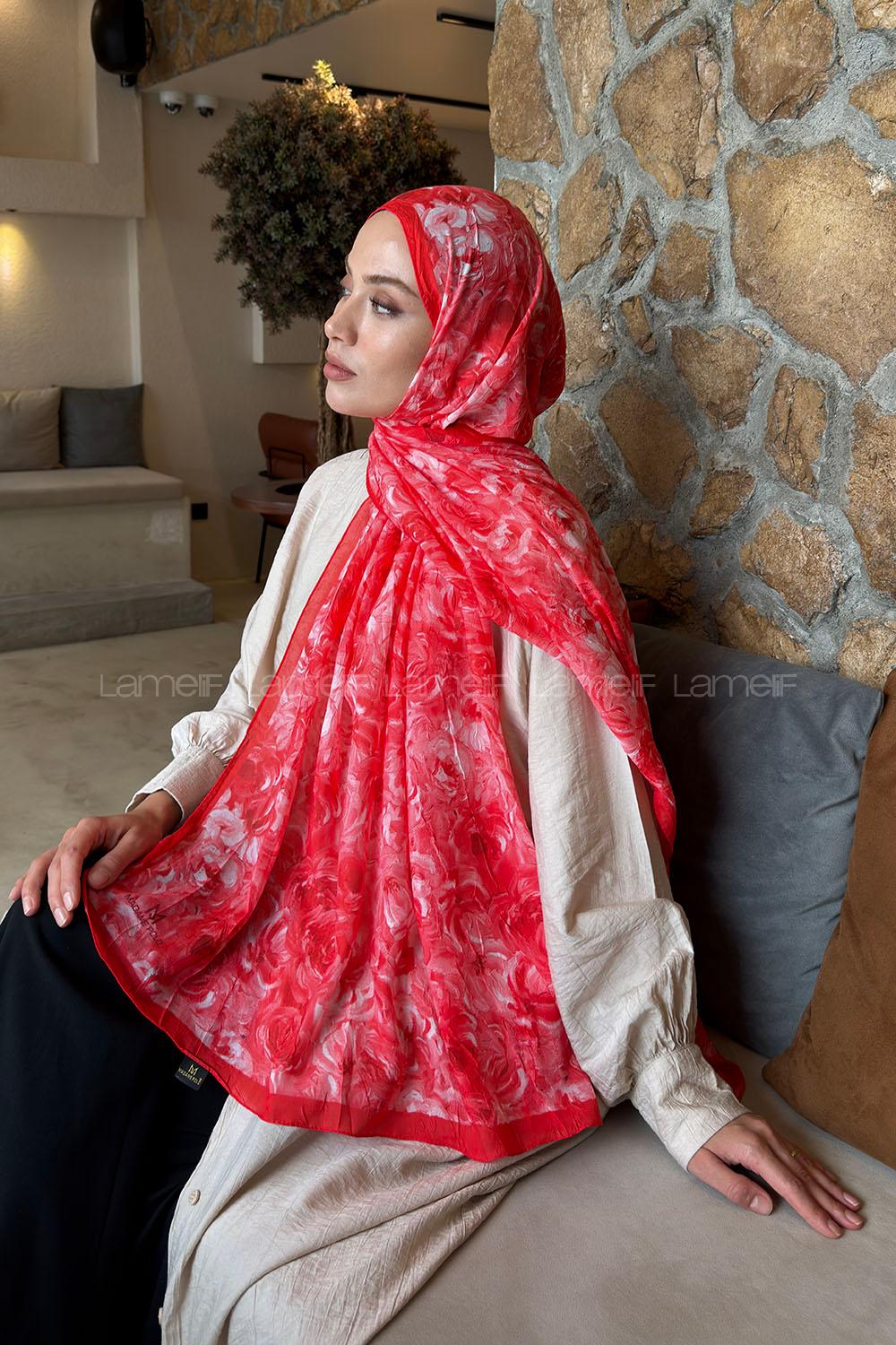 Lamelif Rose Garden Desen Bambu Şal Kırmızı