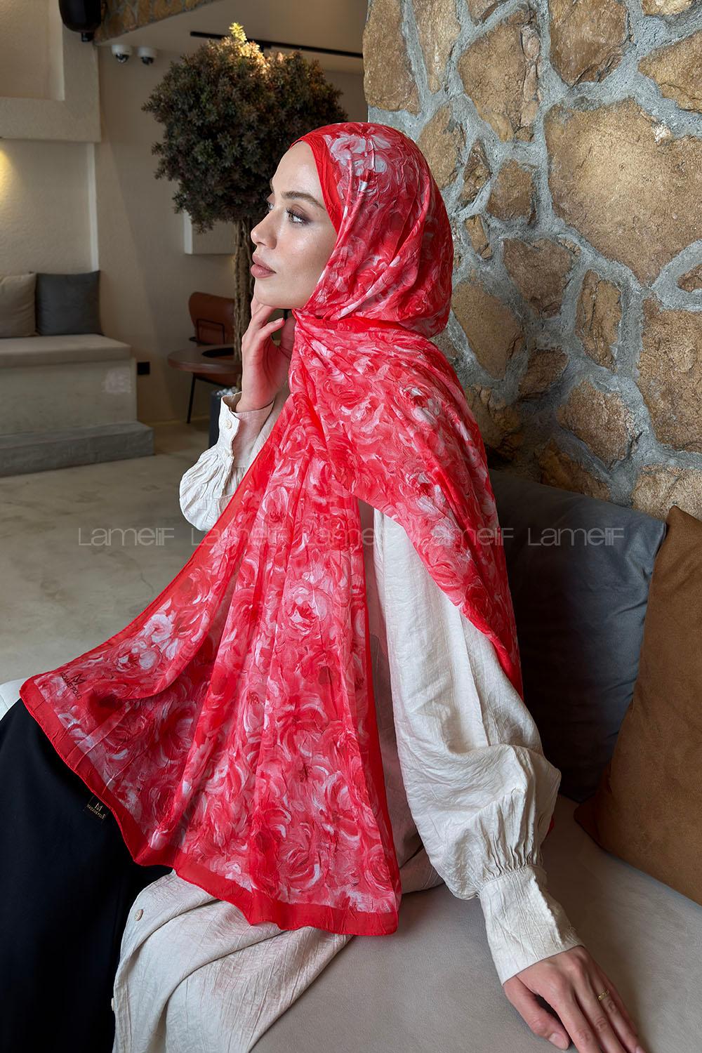 Lamelif Rose Garden Desen Bambu Şal Kırmızı