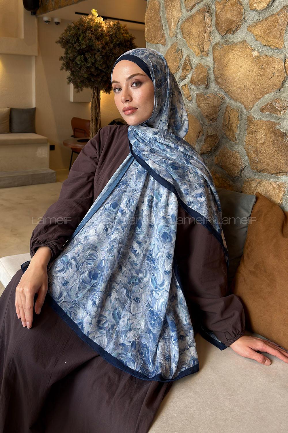 Lamelif Rose Garden Desen Bambu Şal Lacivert