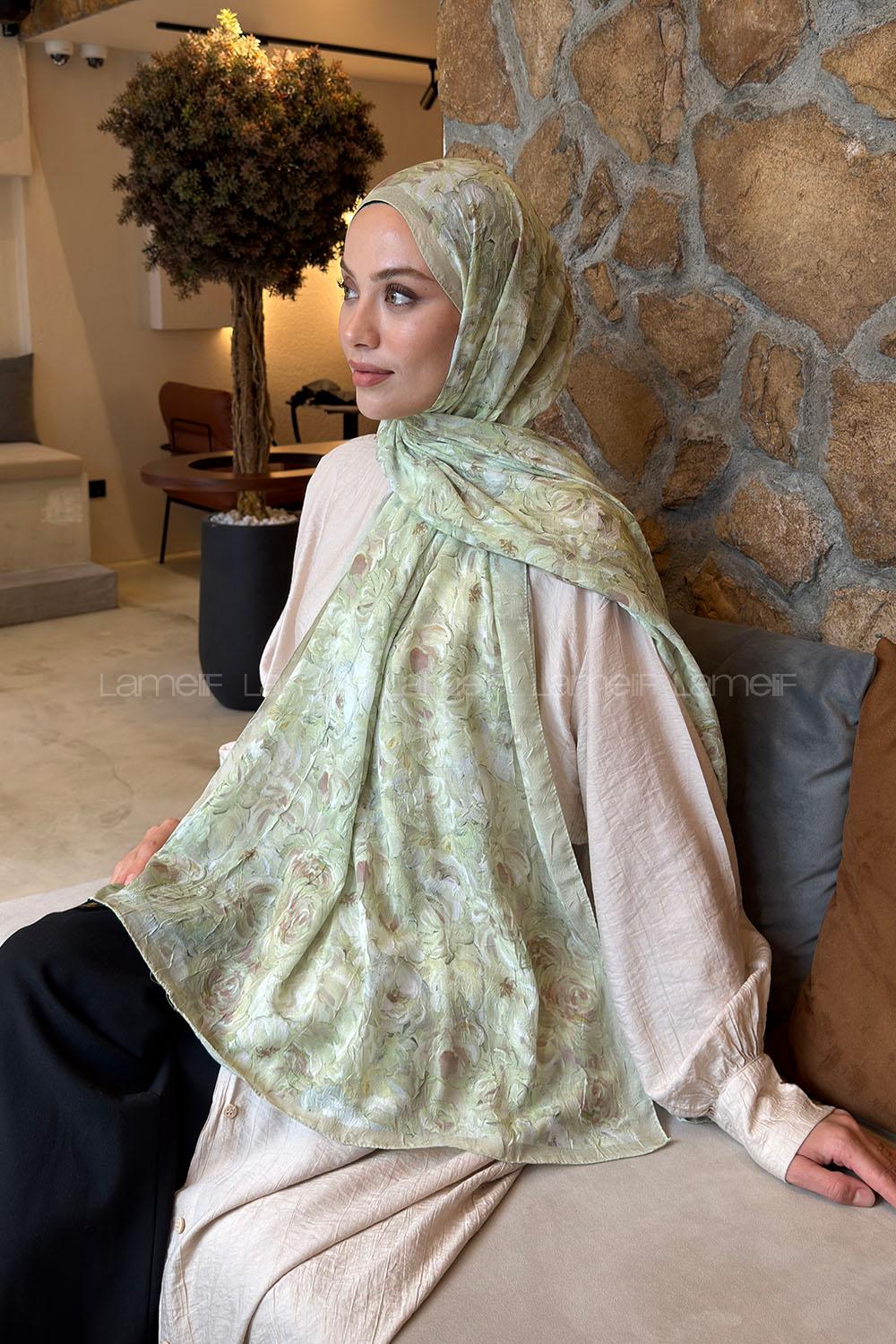 Lamelif Rose Garden Desen Bambu Şal Mint Yeşili