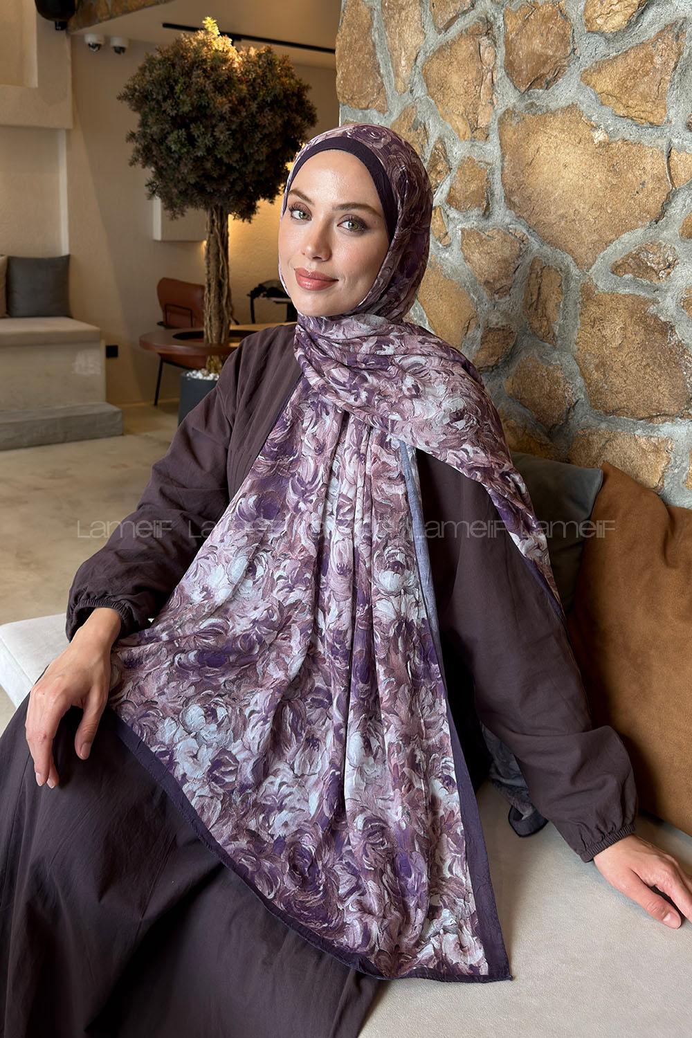 Lamelif Rose Garden Desen Bambu Şal Mürdüm