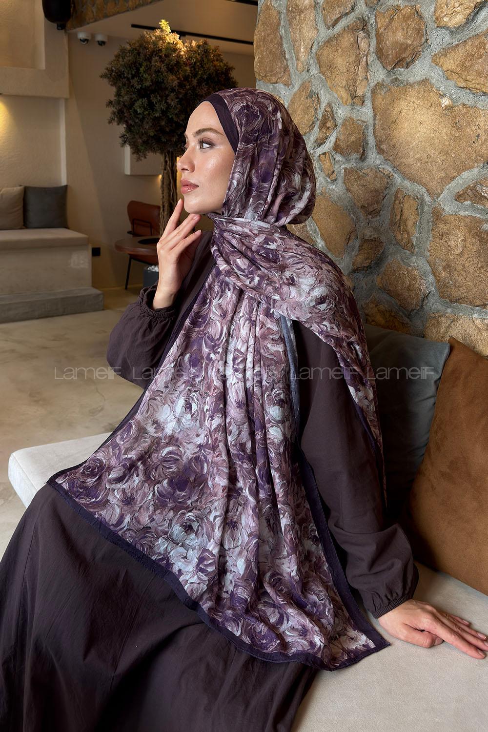 Lamelif Rose Garden Desen Bambu Şal Mürdüm