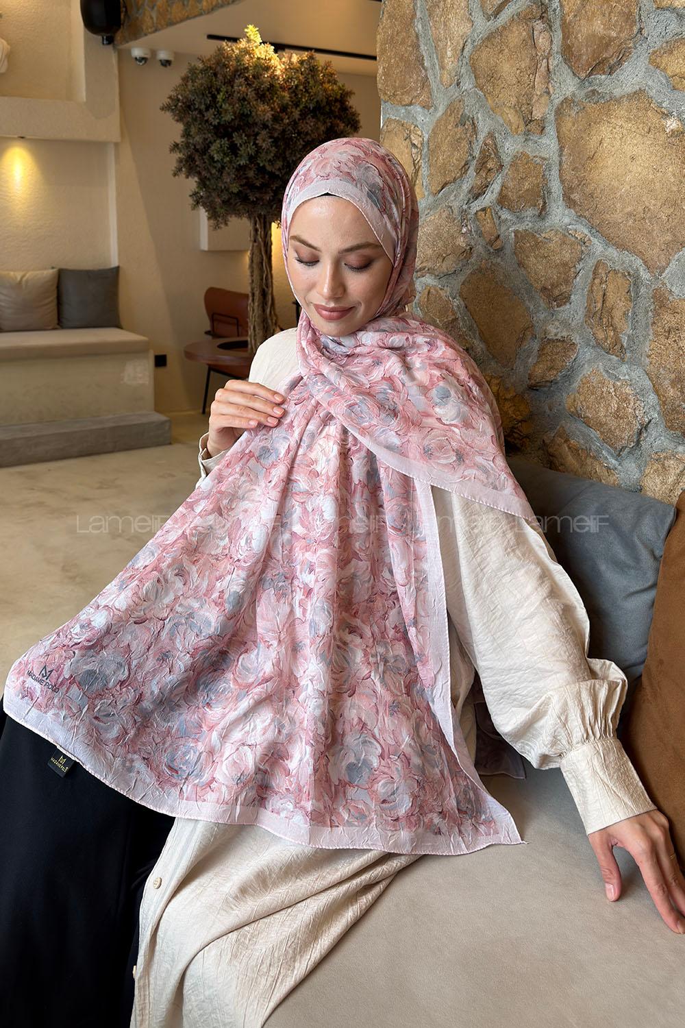 Lamelif Rose Garden Desen Bambu Şal Pudra