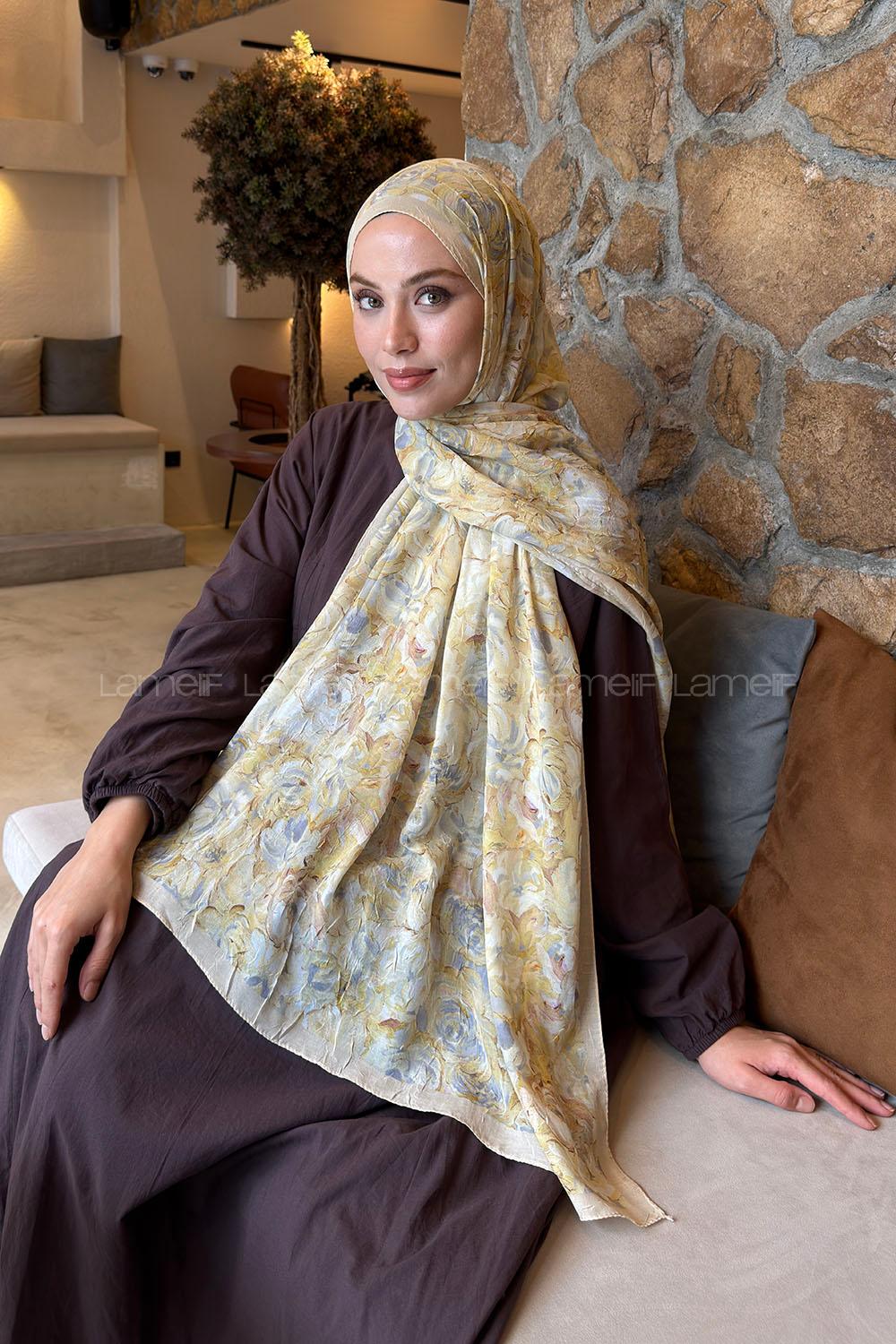 Lamelif Rose Garden Desen Bambu Şal Sarı