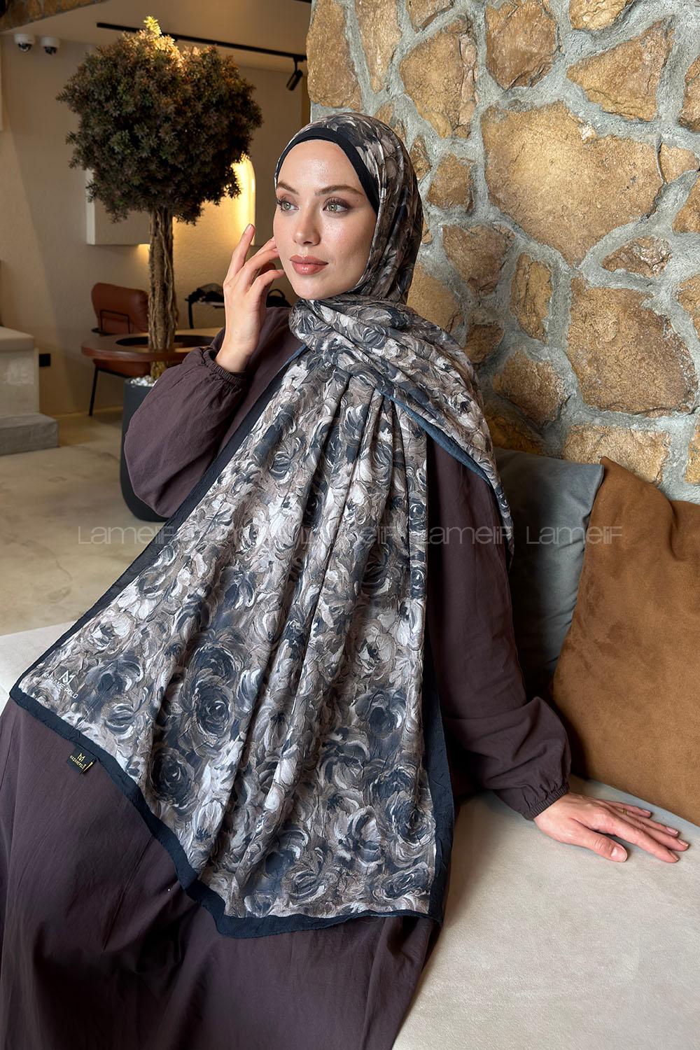 Lamelif Rose Garden Desen Bambu Şal Siyah Vizon