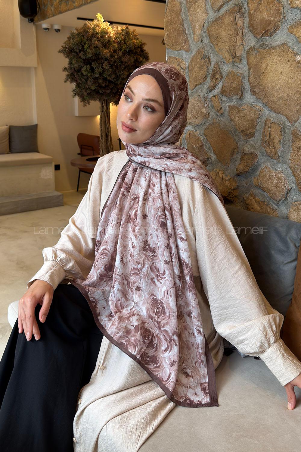 Lamelif Rose Garden Desen Bambu Şal Sütlü Kahve