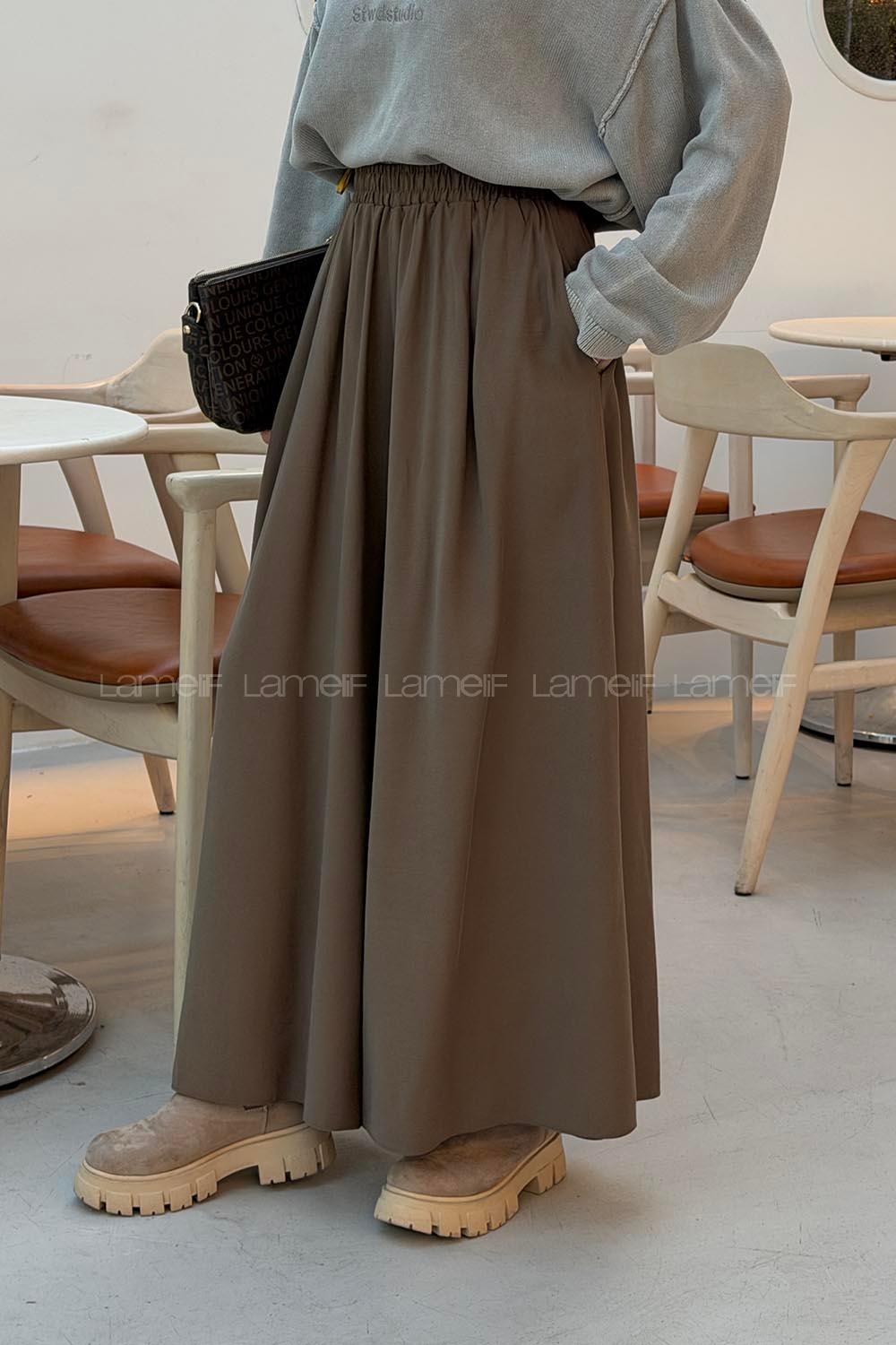 Soft Brown Tensel Elastic Waist Comfortable Pants