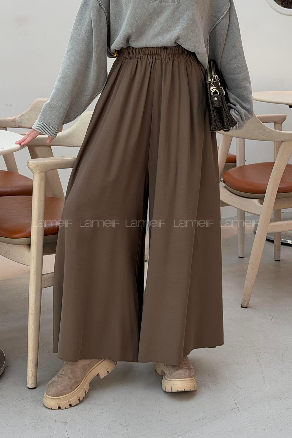 Soft Brown Tensel Elastic Waist Comfortable Pants
