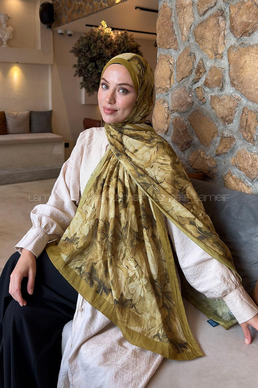 Lamelif Vintage Flower Desen Bambu Şal Asker Yeşili