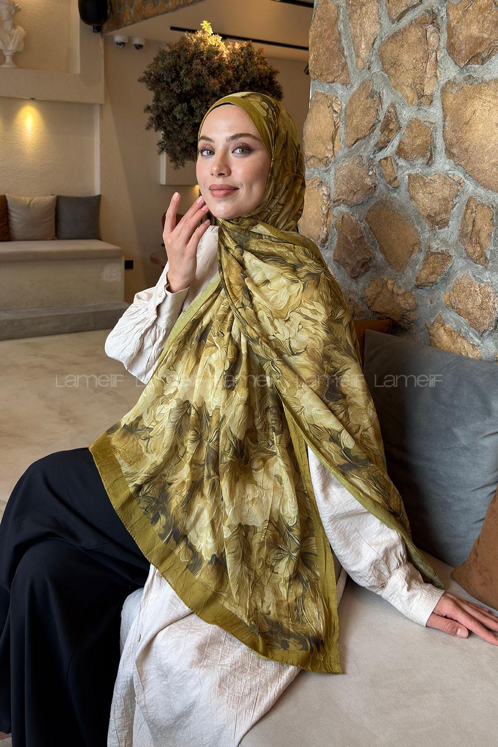 Lamelif Vintage Flower Desen Bambu Şal Asker Yeşili