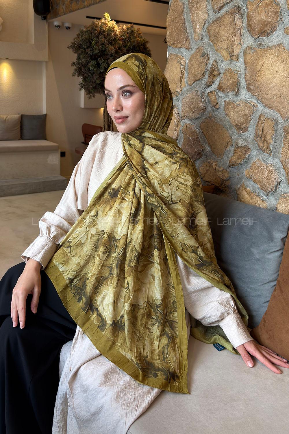 Lamelif Vintage Flower Desen Bambu Şal Asker Yeşili
