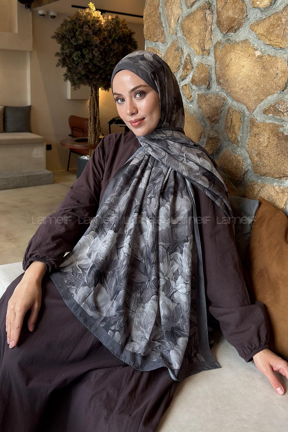 Lamelif Vintage Flower Desen Bambu Şal Füme