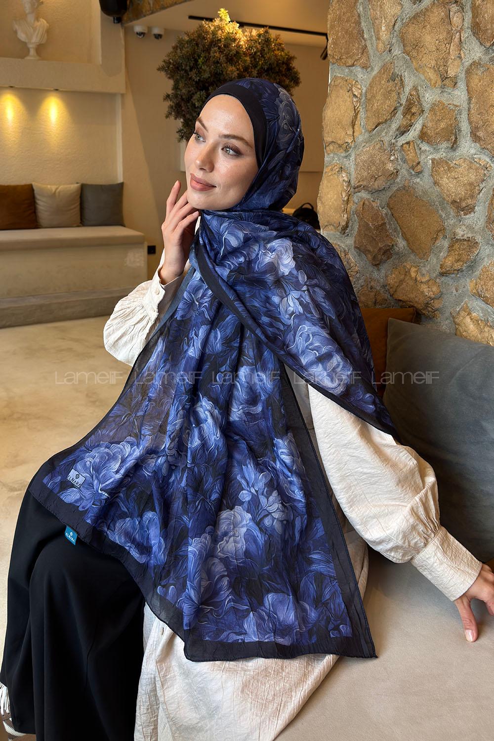 Lamelif Vintage Flower Desen Bambu Şal Lacivert